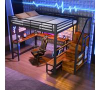 luckdect Lit Mezzanine 2 Places 140x200cm avec Bureau d'angle Gaming, Escalier Rangement Panneau Perforé, LED RGB Ports USB USB-C, Structure Métal Renforcé Gain de Place Ado Adulte, Noir