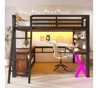 luckdect Lit Mezzanine 2 Places 140x200cm avec Bureau et Étagères de Rangement, LED RGB Multicolore Contrôle Tactile APP, Garde-Corps Sécurité Structure Métal MDF, Gain de Place Studio Adulte Ado