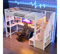 luckdect Lit Mezzanine 90x200 cm avec Bureau et Panneau Perforé, Lit Surélevé pour Enfant avec Escalier de Rangement, Ports USB/Type-C & LED, Structure Métal Solide, Blanc