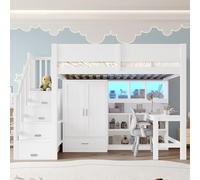 luckdect Lit Mezzanine 90x200 cm avec Bureau,étagères,penderie,escalier de Rangement et éclairage LED,Blanc
