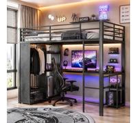luckdect Lit Mezzanine 90x200 cm,Structure en Fer,avec Ruban LED,Bureau Intégré,Double Prise Électrique USB et Type-C,Étagères Multiples,Penderie Ouverte,Matelas Non Inclus,Noir