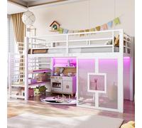 luckdect Lit Mezzanine 90x200cm en métal avec escalier à rangements,LED,fenêtre décorative,Idéal pour Enfant,ado,Blanc