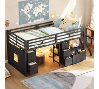 luckdect Lit Mezzanine Bas 90x200 cm avec 7 Tiroirs de Rangement,Éclairage LED Télécommandé,Barrières de Sécurité Intégrales,Noir