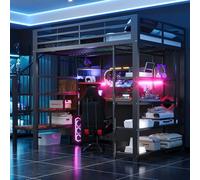 luckdect Lit Mezzanine en métal 140 x 200 cm, avec Bureau, Mur divisé Long, étagère,lit Mezzanine 2 Places avec échelle de Rangement, LED et Prise, Stockage Multi-Niveaux, pour Enfants et Adolescents
