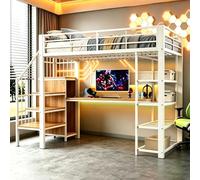 luckdect Lit Mezzanine en métal 140 x 200 cm, avec Bureau, Mur divisé Long, étagère,lit Mezzanine 2 Places avec échelle de Rangement, LED et Prise, Stockage Multi-Niveaux, pour Enfants et Adolescents
