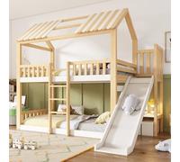 luckdect Lit Superposé Enfant 90x200cm avec Toit à Pignon et Toboggan-Lit Cabane avec Étagère,pour Enfants,Blanc+Naturel