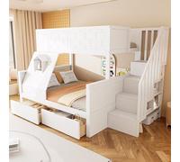 luckdect Lit superposé Haut de 90x200 cm avec escalier de Rangement, Garde-Corps, tiroirs et fenêtres, lit superposé 2 Places avec lit Bas de 140 x 200 cm, Meuble Polyvalent pour Chambre