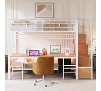 luckdect Lit Surélevé Métallique Multifonction 140x200,Lit Gigogne avec Lit Inférieur 90x200,Grand Bureau Intégré,LED, Prise Électrique,Escalier à Rangement et 2 Tiroirs pour Adolescent