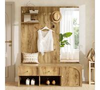 luckdect Meuble d'Entrée Mural Tout-en-Un avec Miroir Pleine Hauteur et Banc, 5 Crochets 2 Tiroirs Placard Étagère, Profondeur 35cm Petit Espace, Style Bois Naturel, 120x35x159cm
