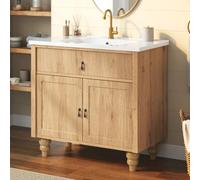 luckdect Meuble sous-Vasque 81 cm avec Vasque Céramique Intégrée, Rangement Multi-Niveaux, Pieds Bois Massif Galbés, Charnières Soft-Close, Style Vintage Bois Naturel, pour Salle de Bain Rétro