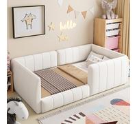 luckdect Simple lit Rembourré Velours 90x200cm avec Dossier et tête, Moderne Lit Plateforme avec Sommier à Lattes Barrière de Sécurité(Matelas Non Inclus)| Facile à Installer(Beige)