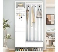 luckdect Vestiaire d'entrée avec Banc de Rangement rembourré, Meuble Mural Multifonctionnel pour l'entrée avec Socle de Recharge, 4 Crochets et Panneau Mural perforé Pratique pour Le Hall d'entrée