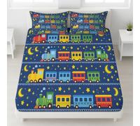 Ludique Train Drap Housse 180 x 200 cm Bonnets 30 cm, Parure de Lit Cartoon Train Lune pour Enfants Ado Adultes, Drap de Lit Microfibre Douce, Housse de Matelas Respirante