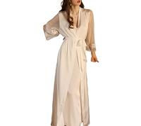LUKX Peignoirs Femme Peignoir Deux Pièces en Satin Dentelle Peignoir Long Kimono Sexy avec Ceinture Col en V Babydoll Chemise De Nuit Déshabillé Luxueux Ensemble De Pyjama Lingerie Mariée Vêt