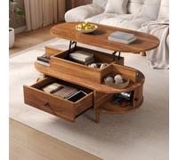 LULUWA Table basse ovale avec table élévatrice hydraulique centrale, espace de rangement caché, grand tiroir + 2 portes coulissantes, 2 étagères ouvertes, poignées rondes, pieds coniques en bois