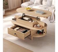 LULUWA Table basse ovale avec table élévatrice hydraulique centrale, espace de rangement caché, grand tiroir + 2 portes coulissantes, 2 étagères ouvertes, poignées rondes, pieds coniques en bois