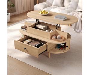 LULUWA Table basse ovale avec table élévatrice hydraulique centrale, espace de rangement caché, grand tiroir + 2 portes coulissantes, 2 étagères ouvertes, poignées rondes, pieds coniques en bois