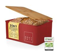 Lumaland Boîte à Pain - Corbeille à Pain Rectangulaire Cuisine en métal pour Une fraîcheur Durable - Couvercle/Planche à découper en Bambou de Haute qualité - 30,5 x 23,5 x 14 cm - Rouge