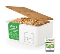 Lumaland Cuisine Boîte à pain | Panetière métallique avec couvercle en bambou | Coffre à pain rectangulaire 30,5 x 23,5 x 14 cm | 2 en 1 boîte à pain & planche à découper [Blanc]