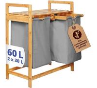 Lumaland Panier à linge en bambou 2 sacs à linge extensibles Collecteur de linge Rangement pratique Sacs en tissu Bois de bambou 73 cm de hauteur x 64 cm de largeur x 33 cm de profondeur