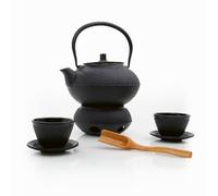 Lumaland Set de thé 12 pièces | Théière en fonte Tetsubin de 1,4 litre, réchaud en fonte, 4 tasses à thé & 4 dessous de verre, avec cuillère doseuse en bambou & passoire en acier inoxydable