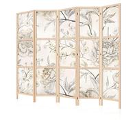 LUMASOUL Paravent Intérieur à Simple Face - 5 Panneaux - Separateur de Pieces de Style Japonais - Cloison de Separation pour Chambre à Coucher et Salon - Motif Fleurs - 225x172 cm