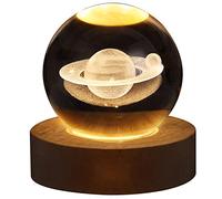 Lumière Blanche Chaude Alimentée par USB, Globe de Cristal du Système Solaire 3D avec Base LED en Bois pour la Décoration de la Chambre à Coucher, Cadeau D'anniversaire Idéal(Saturne)