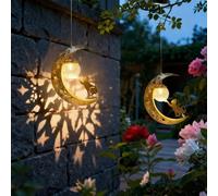 Lumière solaire suspendue vintage chat de lune, lanterne LED à boule de verre craquelé, décoration extérieure étanche avec motif de découpe d'étoile, décoration de jardin et de cour onirique, lumière
