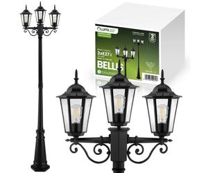 LUMILED Candélabre Lanterne vintage à 3 branches 230V 2,09m Réglable en hauteur, noir, aluminium verre 3x douille E27 IP44 jardin