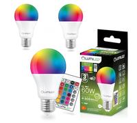 Lumiled Lot de 3 ampoules LED A60 E27 - 9 W (équivalent à 60 W) - 806 lumens - RVB + 6500 K - Intensité variable - Angle de faisceau 260° - Changement de couleur - Avec télécommande