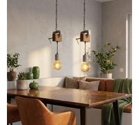 Suspension lampe de table à manger en bois suspension rétro plafonnier vintage, pince à vis métal galvanisé, 1x douille E27, LxH 14x120 cm, lot de 2