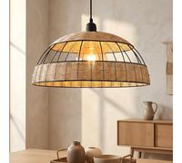 Lampe à suspendre Rotin Boho Lampe de table Suspension rétro, treillis métallique noir, 1x LED 7W 806Lm blanc chaud, DxH 40 x 120 cm
