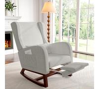 Luminarix Fauteuil à bascule, fauteuil d'allaitement, fauteuil de relaxation, avec base en bois, repose-pieds épais, lin, 2 poches latérales, 1 coussin lombaire (lin, gris)