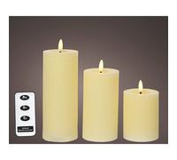 Lumineo Lot de 3 bougies LED en cire beige finition rustique Ø7 cm hauteurs 11.2/15/19 cm avec télécommande