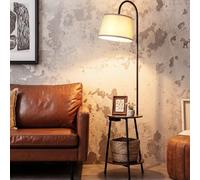 LuminexDesigns Lampadaire avec Étagères et Port USB - Lampadaire en Bois Style Vintage, 2 Étagères, Abat-jour Blanc, Douille E27, Interrupteur à Bascule, H 165 cm, pour Salon, Chambre et Bureau