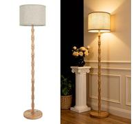 LuminexDesigns Lampadaire Bois Vintage pour Salon, Style Bohème Rustique Scandinave, Lampe sur Pied en Chêne Naturel avec Abat-jour en Lin Beige, Douille E27, 167cm Hauteur, Chambre et Lounge