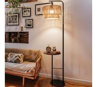 LuminexDesigns Lampadaire en Rotin avec Étagère - Lampadaire Noir Boho Vintage, Douille E27, Tête Orientable, 3 Températures de Couleur par Interrupteur au Pied, H 170 cm, pour Salon et Chambre