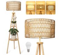 LuminexDesigns Lampadaire Trépied avec 2 Étagères - Double Abat-jour Rotin et Tissu, Style Boho Scandinave, Douille E27, Interrupteur au Pied, H 154 cm, pour Salon et Chambre