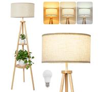 LuminexDesigns Lampadaire Trépied en Bois avec 2 Étagères - Style Boho Scandinave, Abat-jour en Tissu Beige, Douille E27, Interrupteur au Pied, H 154 cm, pour Salon et Chambre