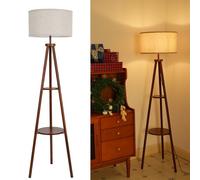 LuminexDesigns Lampadaire Trépied en Bois avec Tablette, Lampe sur Pied Vintage Rustique en Noyer avec Abat-jour en Tissu, Interrupteur au Pied, H154cm, E27, Éclairage d’Angle pour Salon, Chambre
