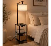 LuminexDesigns Lampadaire vec Étagères et Station de Charge, Vintage Noyer