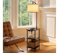 LuminexDesigns Lampadaire Vintage avec Étagères, Lampe sur Pied en Bois avec Table d’Appoint et Station de Charge, Noir Rétro, 3 Niveaux de Rangement, Tête Orientable, pour Salon, Chambre, Coin