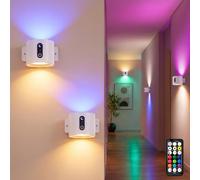 LuminexDesigns Lot de 2 Applique murale LED sans fil RGB avec Télécommande | Blanc Lampe Murale Rechargeable Haut et Bas à Pile, Tactile Dimmable avec Minuterie, pour Chambre, Couloir, Cuisine AURI WL01