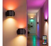 LuminexDesigns Lot de 2 Applique murale LED sans fil RGB avec Télécommande | Noir Lampe Murale Rechargeable Haut et Bas à Pile, Tactile Dimmable avec Minuterie, pour Chambre, Couloir, Cuisine AURI WL01