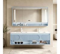 LumoHaus Meuble Salle de Bain avec Vasque Double, Ensemble Meuble Salle de Bain Suspendu, Miroir avec Rangement, Armoire de Toilette(Blue,140CM)