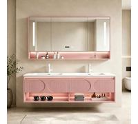 LumoHaus Meuble Salle de Bain avec Vasque Double, Ensemble Meuble Salle de Bain Suspendu, Miroir avec Rangement, Armoire de Toilette(Pink,140CM)