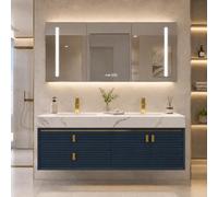 LumoHaus Meuble Salle de Bain avec Vasque Double, Ensemble Meuble Salle de Bain Suspendu, Miroir avec Rangement, Armoire de Toilette et Armoire Murale(Blue,180CM)