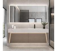 LumoHaus Meuble Salle de Bain avec Vasque, Meuble Vasque avec Armoire Miroir, Vasque en Pierre Frittée sans Joint, Grand Rangement