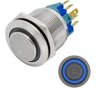 Lumonic bouton poussoir en acier inox en relief 22mm diamètre I Avec une LED annulaire en bleu Dimensions: 2,8x0,5mm Pin s 250V 3A I Résistant au vandalisme norme IP65