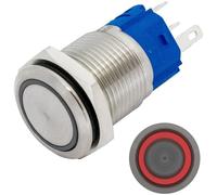 Lumonic bouton poussoir plat en acier inox, diamètre 16mm I Avec une LED annulaire rouge Dimensions: 2,8x0,5mm Pin s 250V 3A I Résistant au vandalisme norme IP65